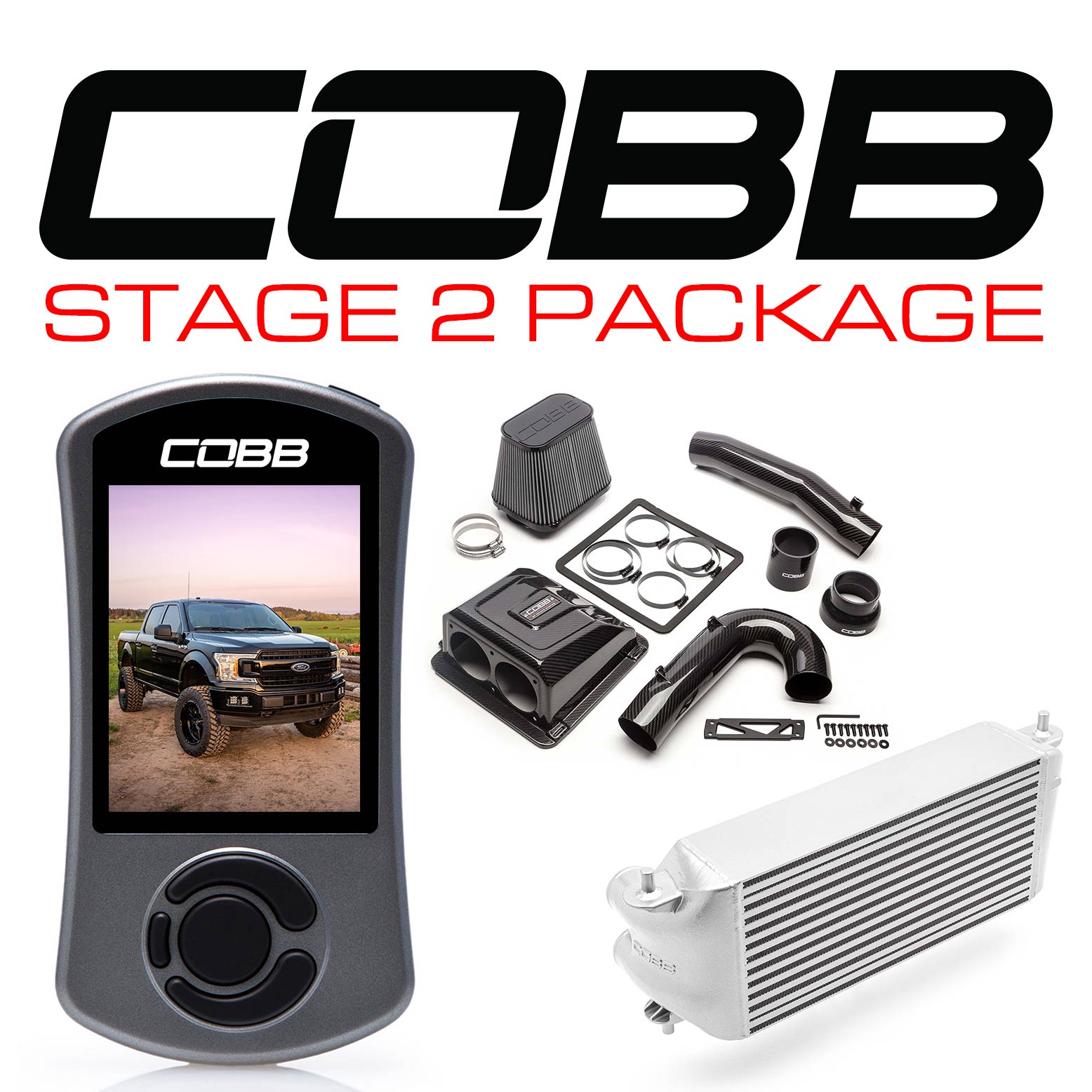 Cobb 2020 Ford F-150 Ecoboost 3.5L Stage 2 Redline CF Power Package - Silver (Factory Loc. I/C) (FOR0070S20SL-RED)