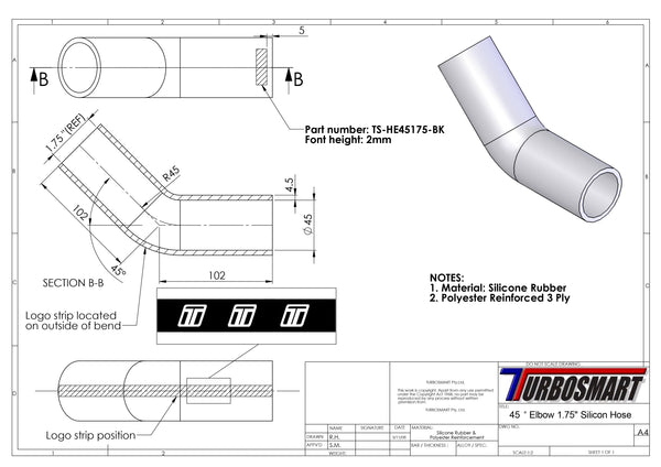 Turbosmart 45 Elbow 1.75 - Black Silicone Hose (TS-HE45175-BK)