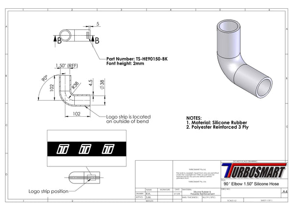 Turbosmart 90 Elbow 1.50 - Black Silicone Hose (TS-HE90150-BK)