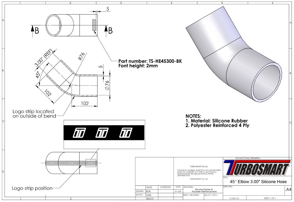 Turbosmart 45 Elbow 3.00 - Blue Silicone Hose (TS-HE45300-BE)