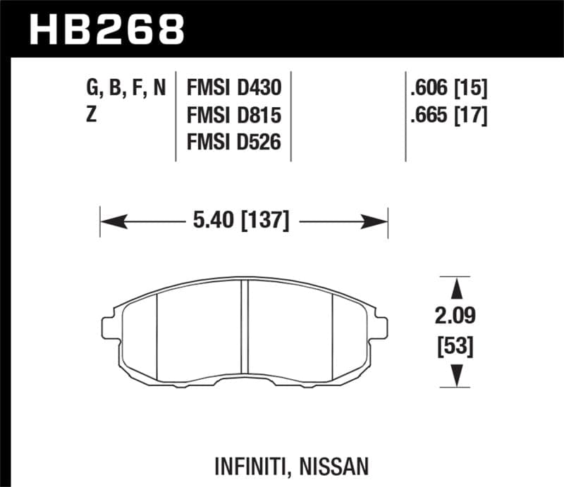 Hawk 03-04 G35/03-05 G35X/ 02-05 350z w/o Brembo HPS Street Front Brake Pads (HB268F.665)