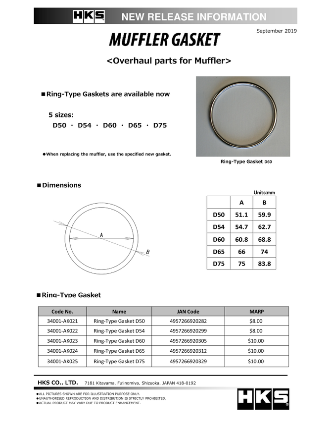 HKS Muffler Gasket 51.1mm ID 59.9mm OD (34001-AK021)